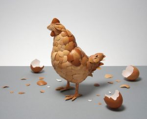 A chicken made out of eggshells